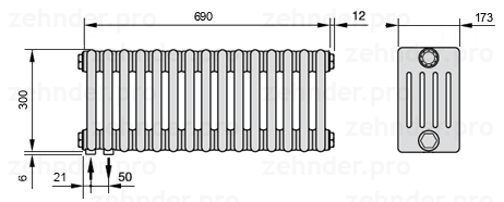 Схема (чертеж) Радиатор Zehnder Charleston 5030/15 №3370 Белый глянцевый RAL 9016